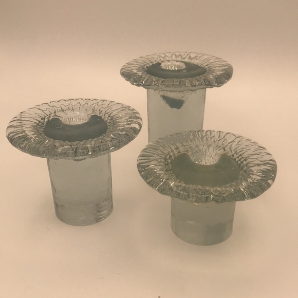 MCM VTG 70's Blenko Don Shepherd Ice Mushroom Clear Glass Candleholders Set of 3 - Picture 1 of 6